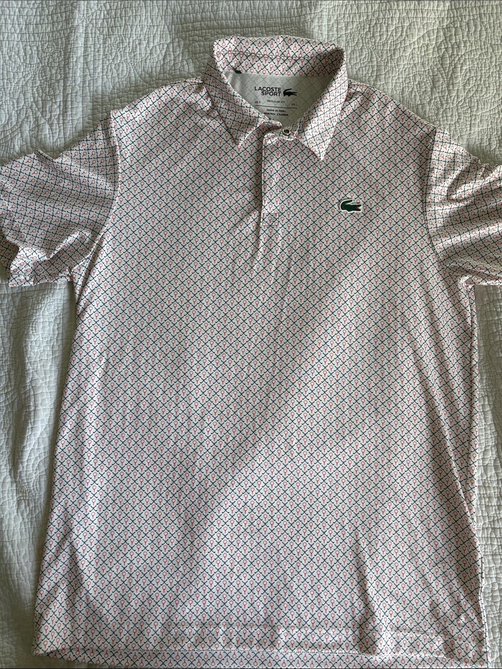 Lacoste Men's Pink Geo-Pattern Polo with Green Croc